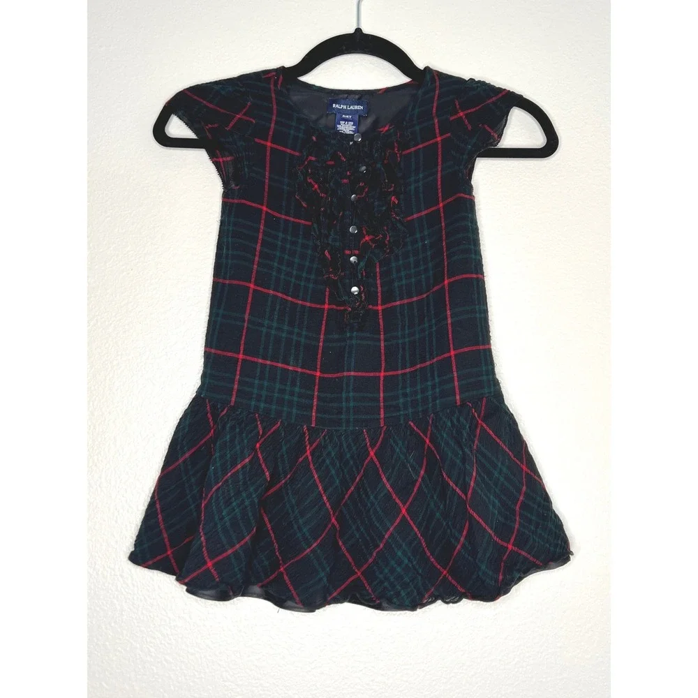 Ralph Lauren Girls Plaid Ruffle Dress Green Red Navy Blue 4T Drop Waist Holiday